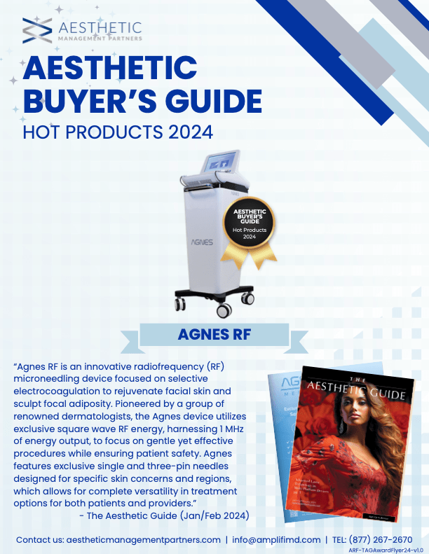 Agnes RF microneedling device wins aesthetic buyer's guide hot products 2024. Agnes RF microneedling device is distributed by Aesthetic Management Partners in the US
