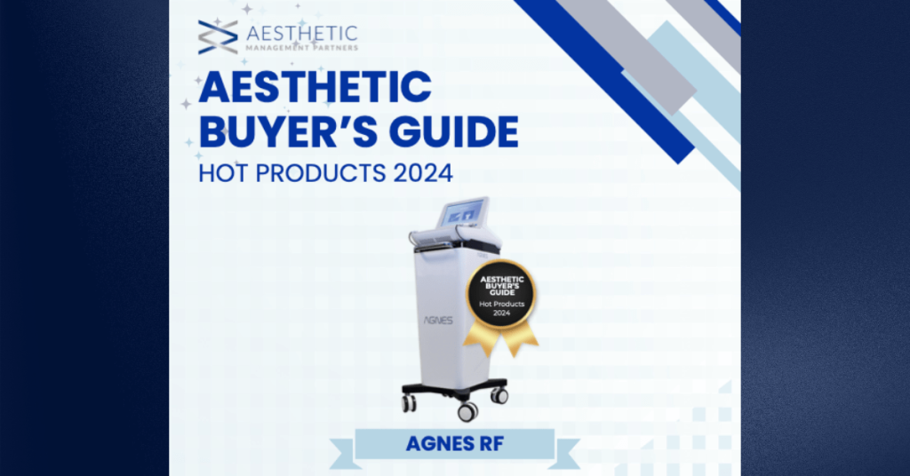Agnes RF Microneedling Device with the Aesthetic Guide's Hot Products of 2024 Award. Agnes RF is distributed by Aesthetic Management Partners in the US.