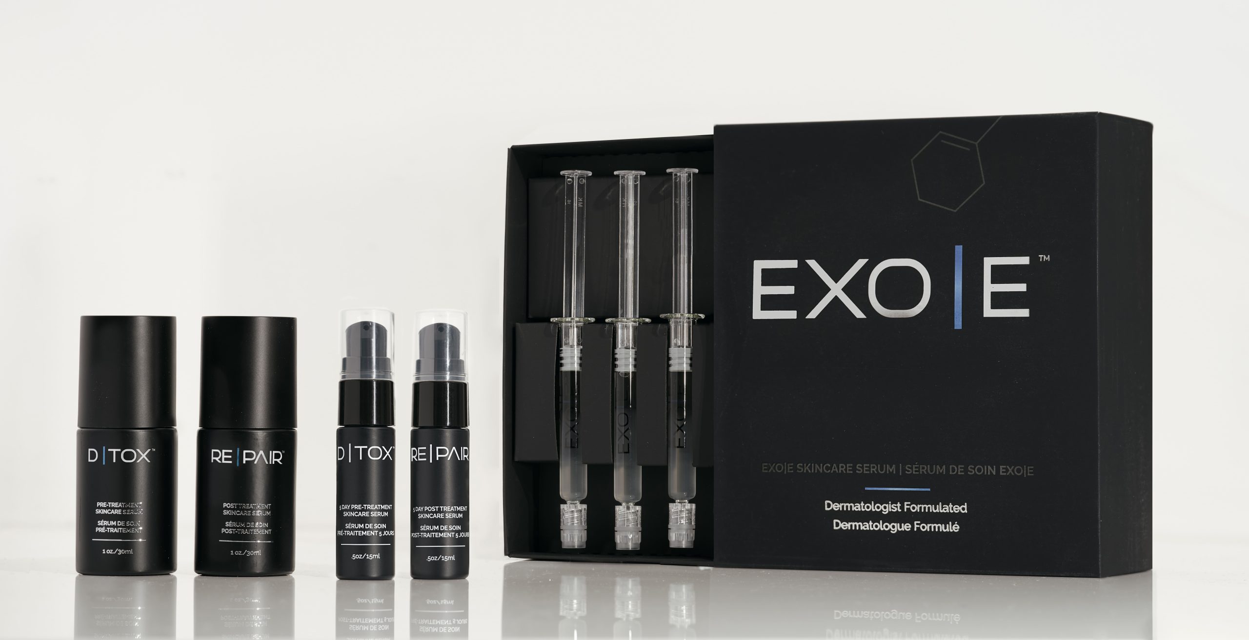 EXO|E Skin Revitalizing Serum in syringes for in-practice use includes D|TOX and RE|PAIR take home serums